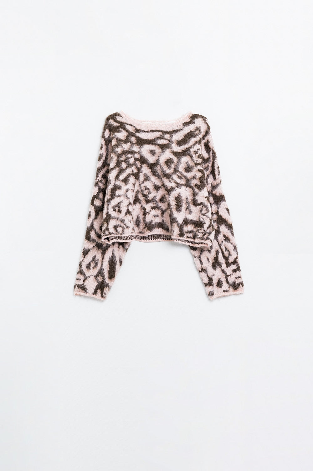 Maglione leopardato rosa in lana lavorato a maglia
