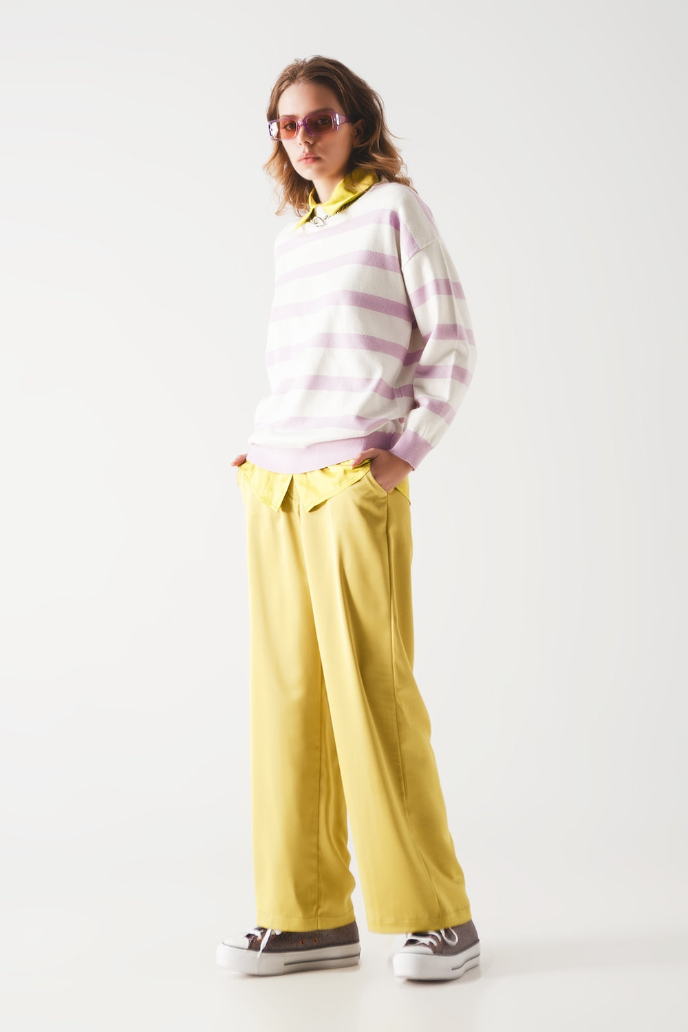 Maglione lungo a righe lilla