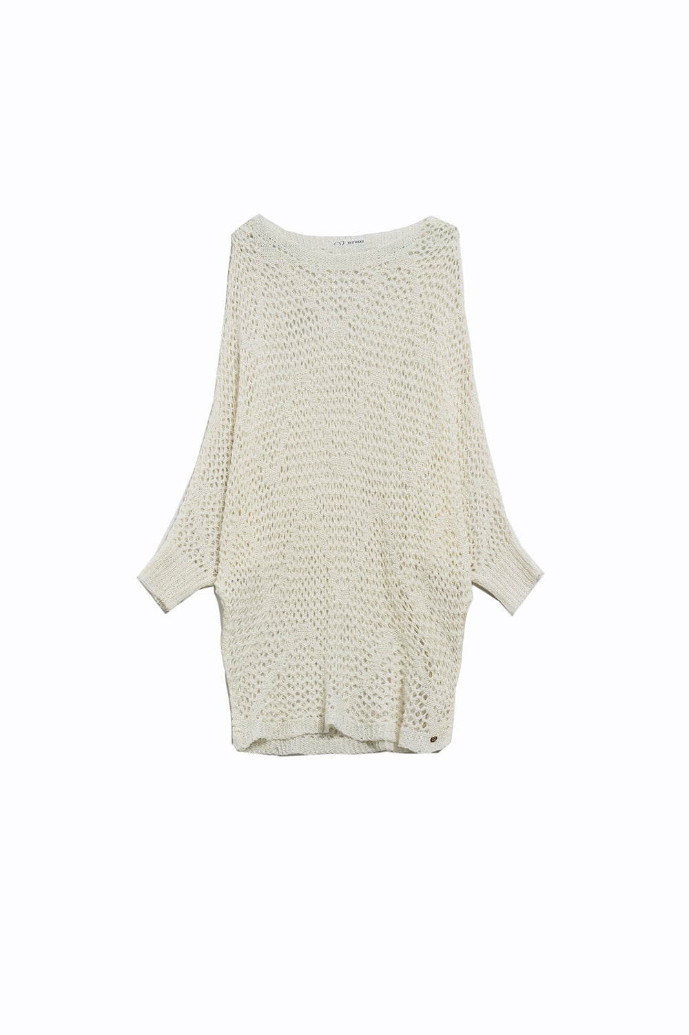Q2 Maglione lungo all'uncinetto in crema con design a pipistrello