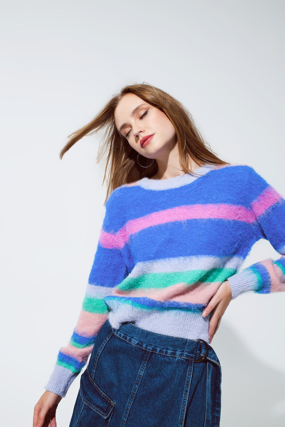 Maglione multicolore a righe rosa e blu