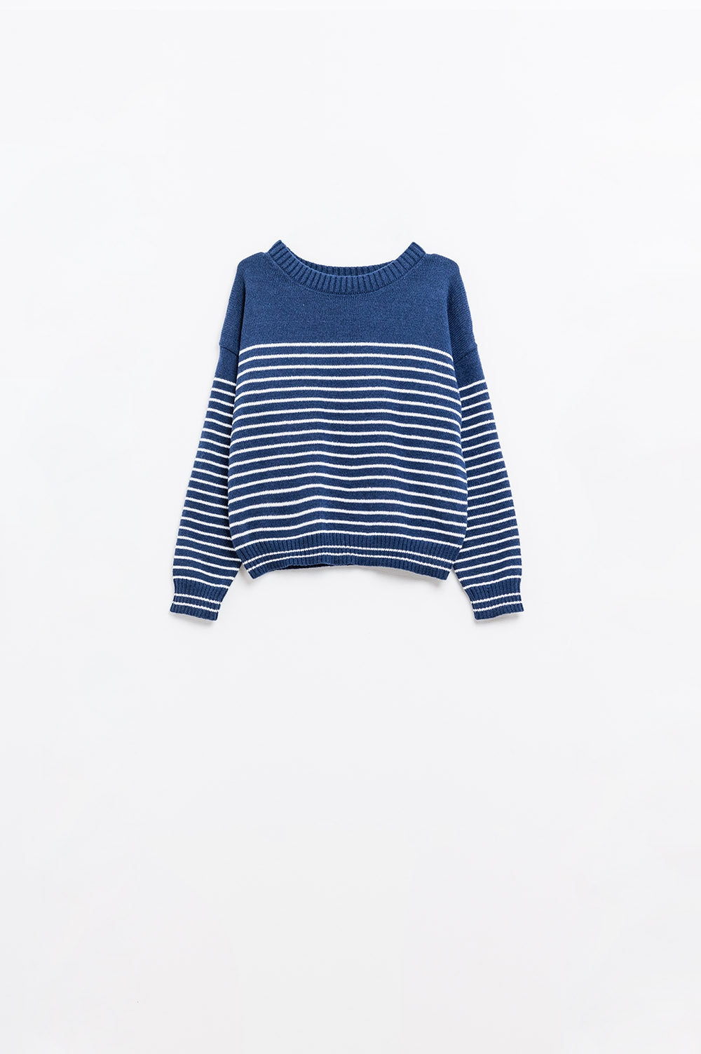 Q2 maglione navy a righe bianche con collo a barca
