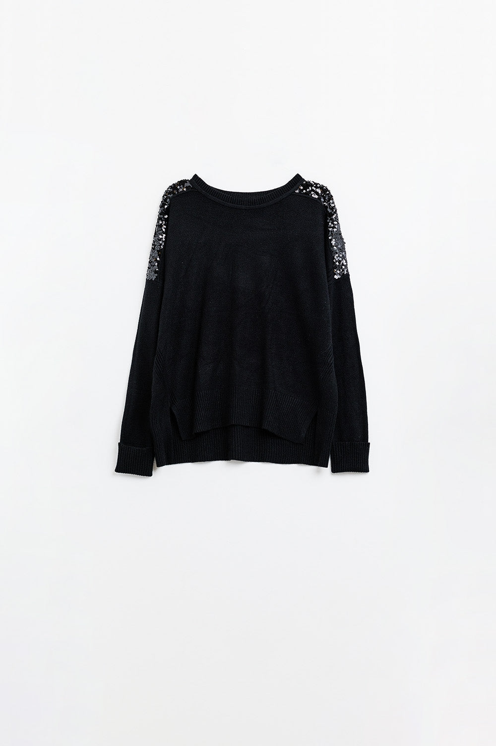 Q2 Maglione nero a maniche lunghe con paillettes sulle spalle