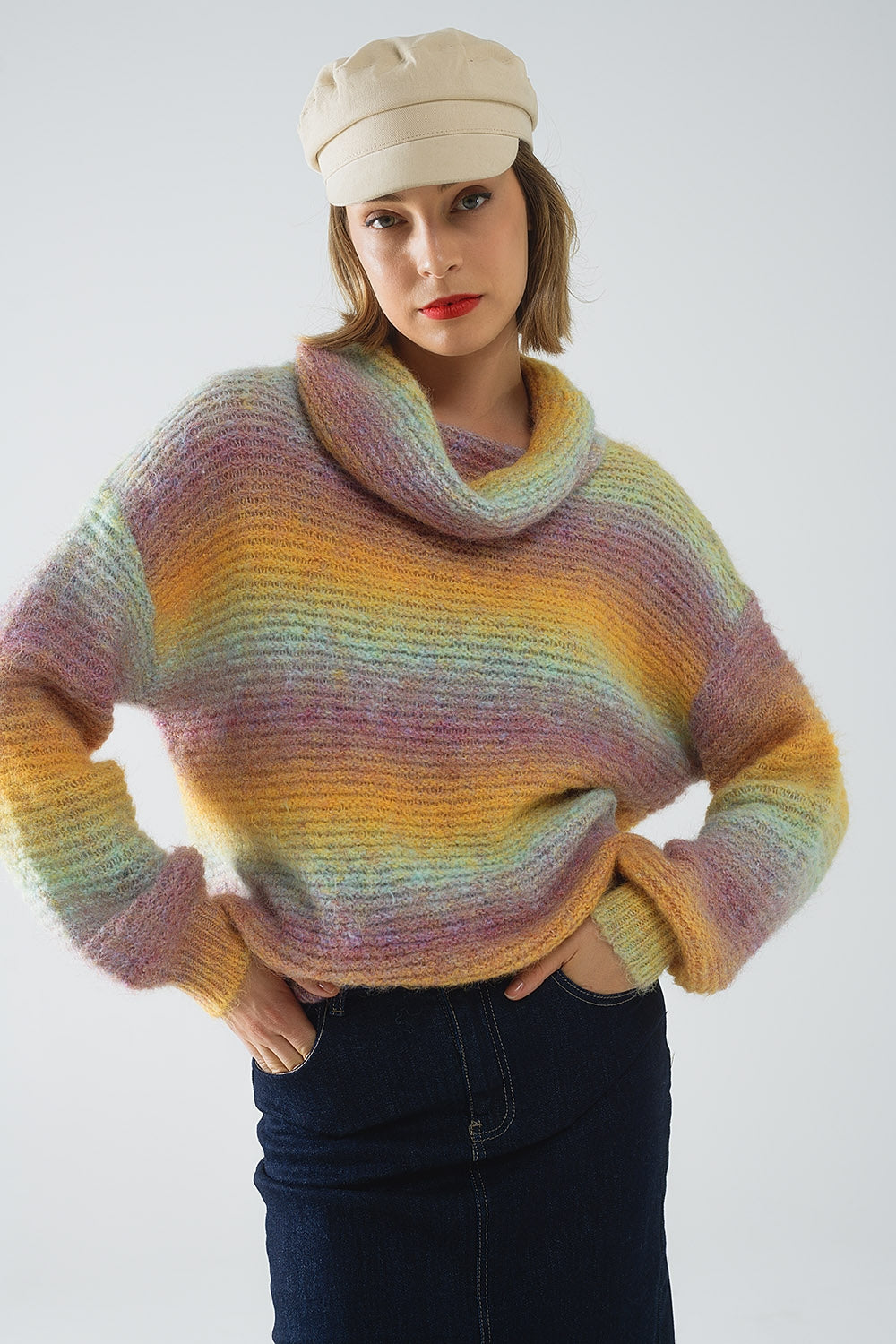 Q2 Maglione oversize a collo alto Comfy in multicolore