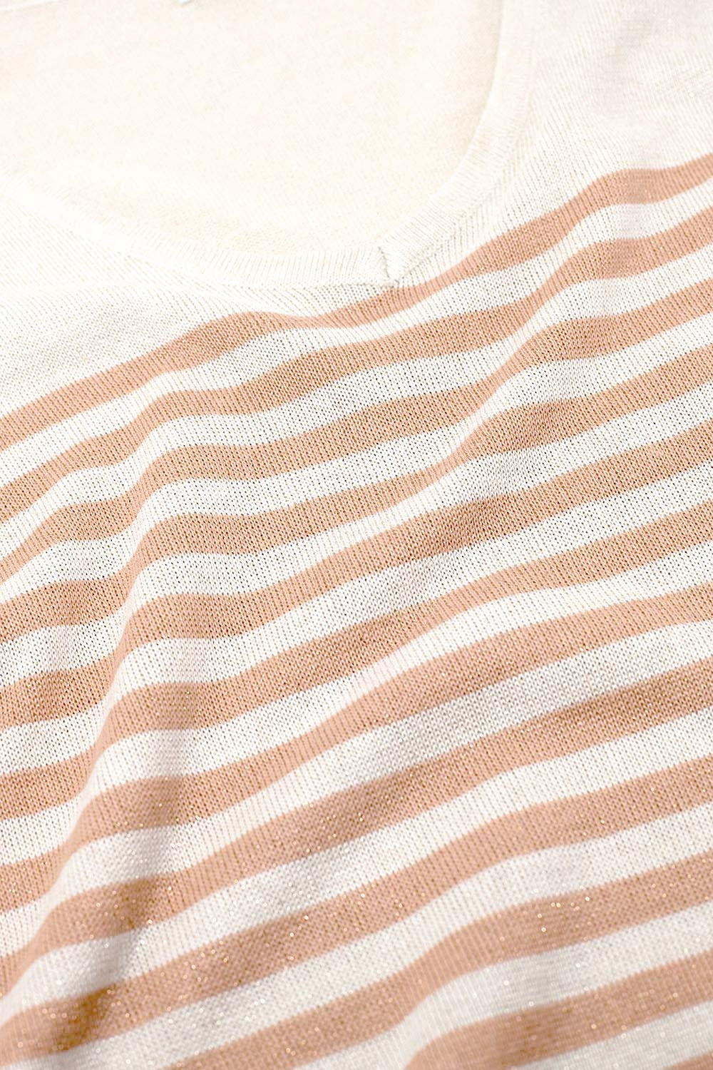 Maglione oversize beige a righe marroni con scollo a V