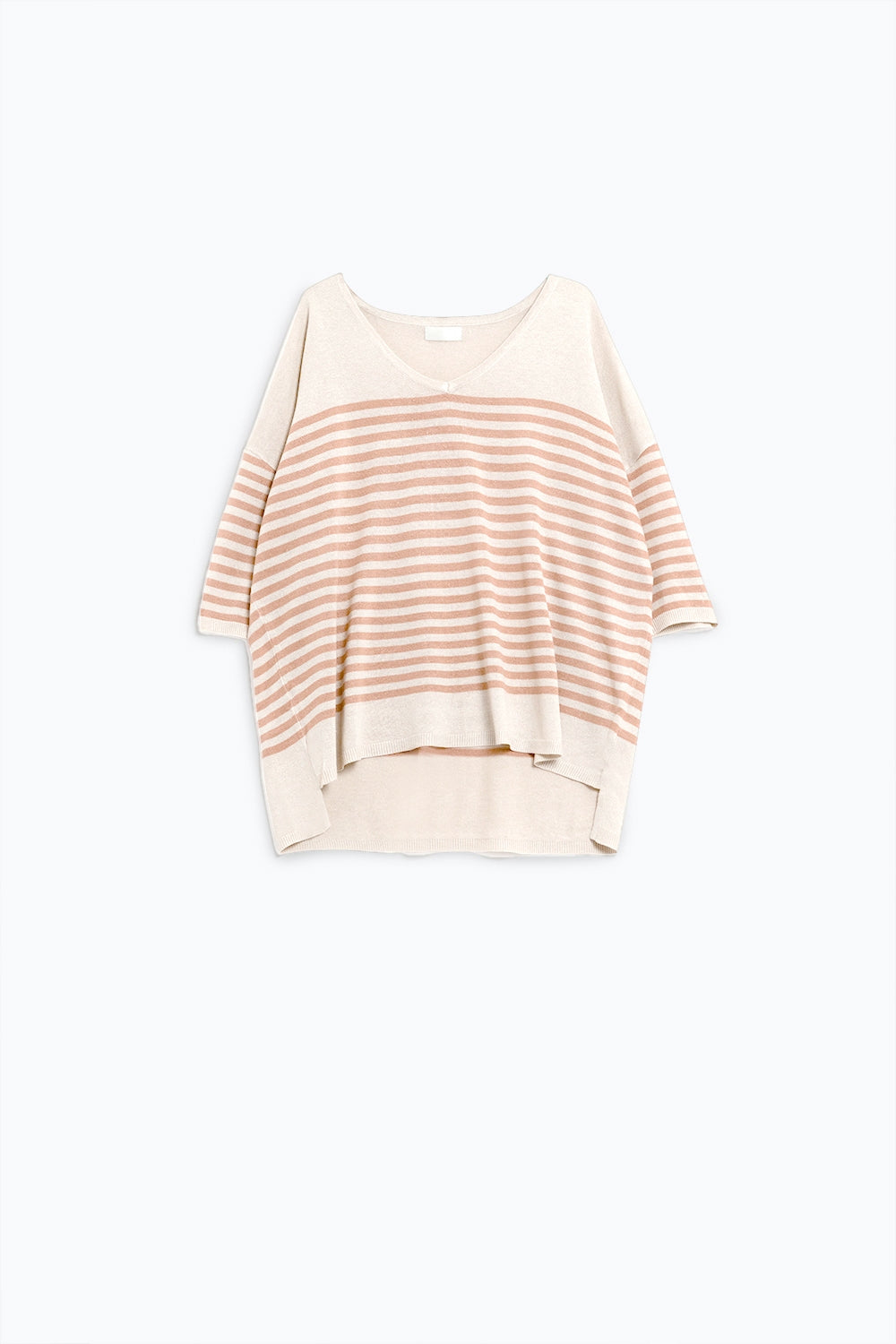 Maglione oversize beige a righe marroni con scollo a V