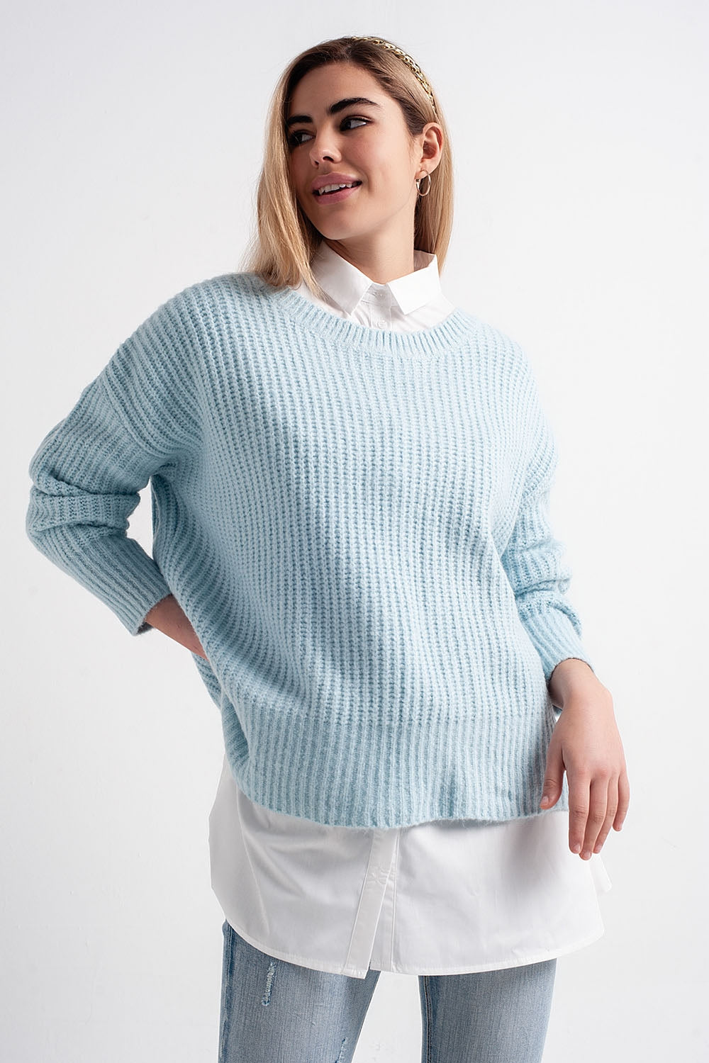Maglione oversize turchese in maglia a coste inglesi