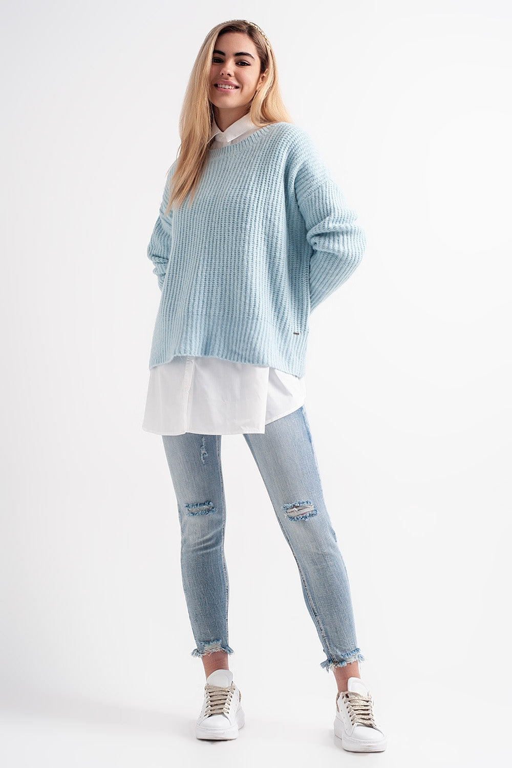 Maglione oversize turchese in maglia a coste inglesi
