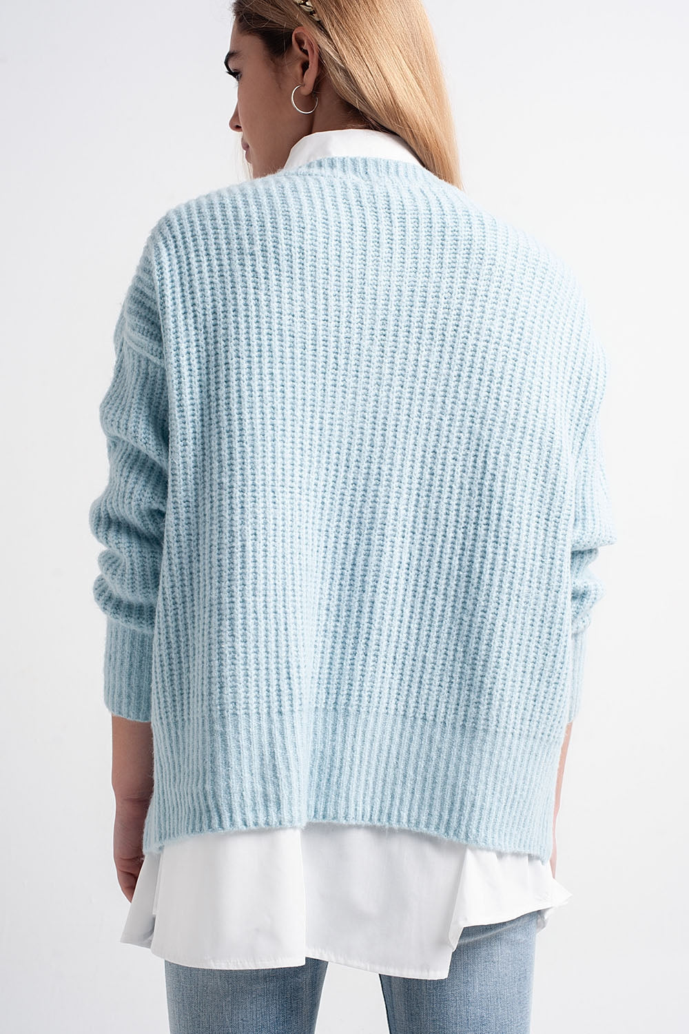 Maglione oversize turchese in maglia a coste inglesi