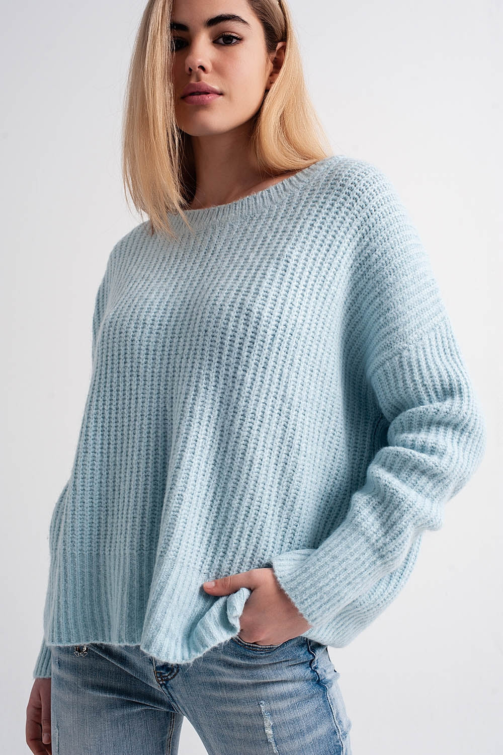 Maglione oversize turchese in maglia a coste inglesi