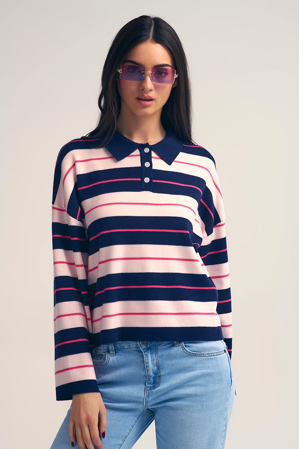 Maglione polo in maglia a righe blu navy con colletto abbottonato