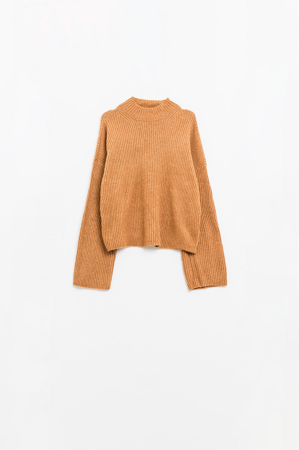 maglione rilassato a collo alto a coste color cammello