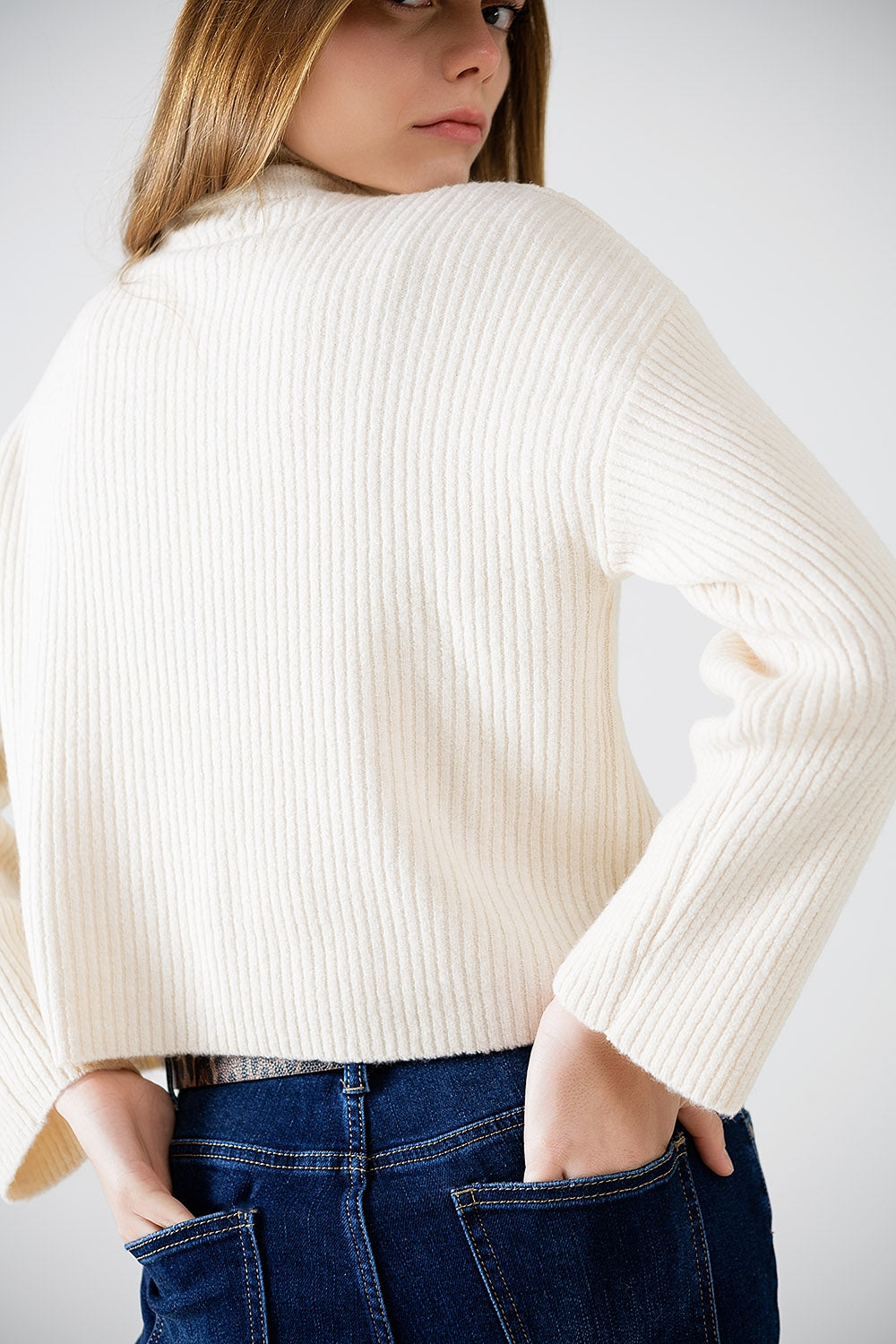 maglione rilassato a collo alto a coste color crema