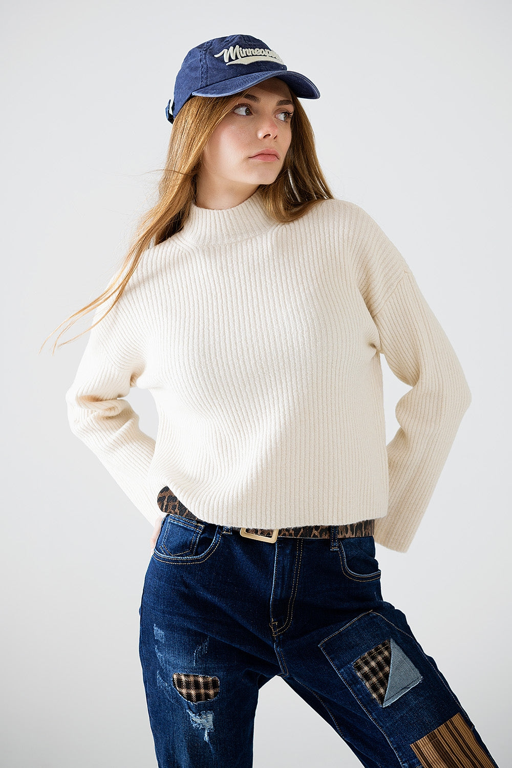 maglione rilassato a collo alto a coste color crema