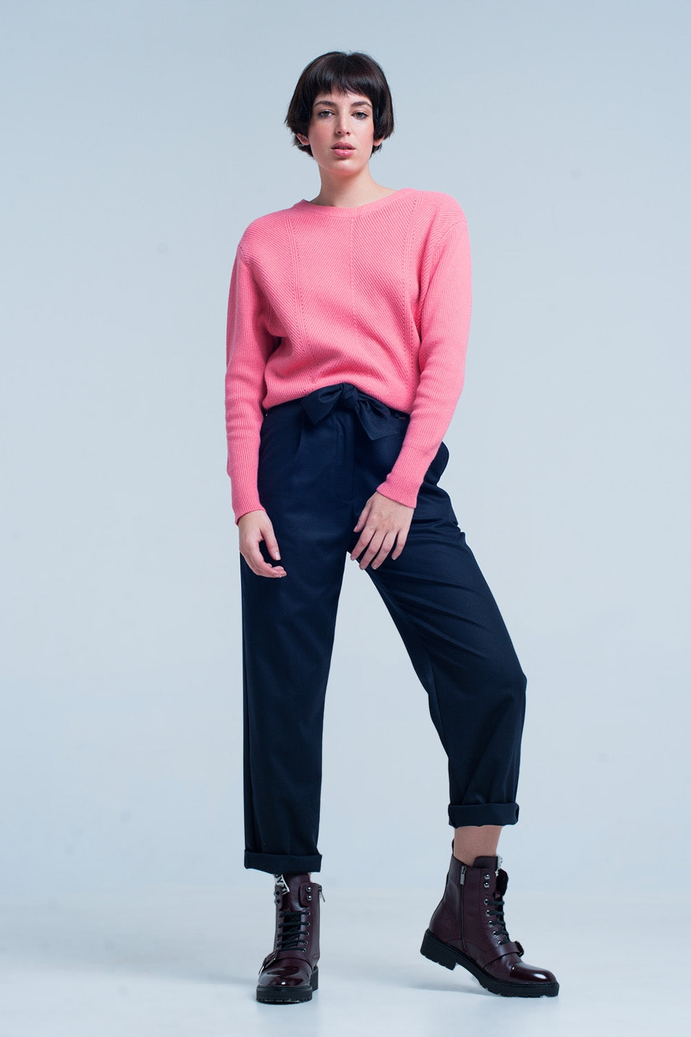 Maglione rosa girocollo motivo a righe