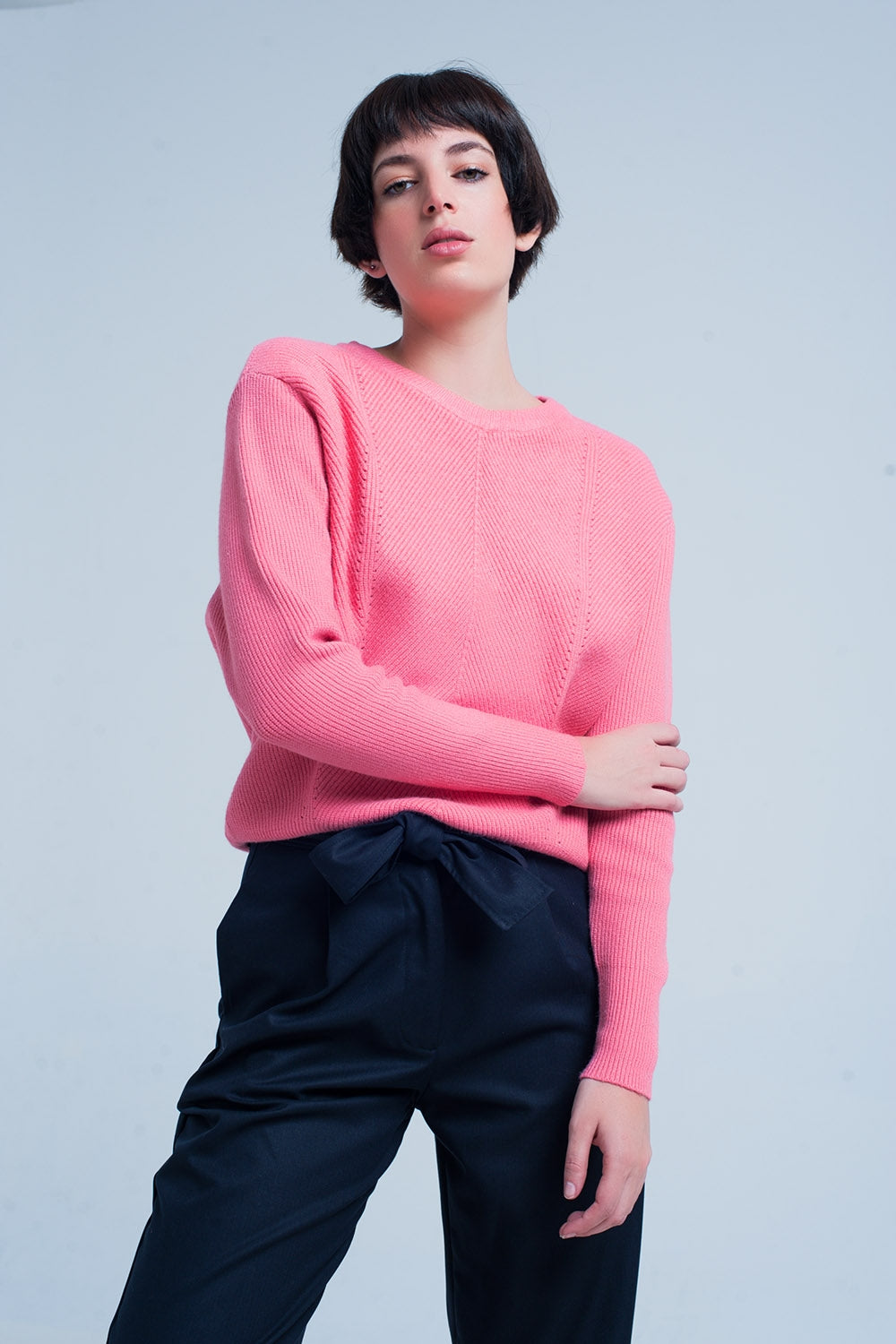 Maglione rosa girocollo motivo a righe