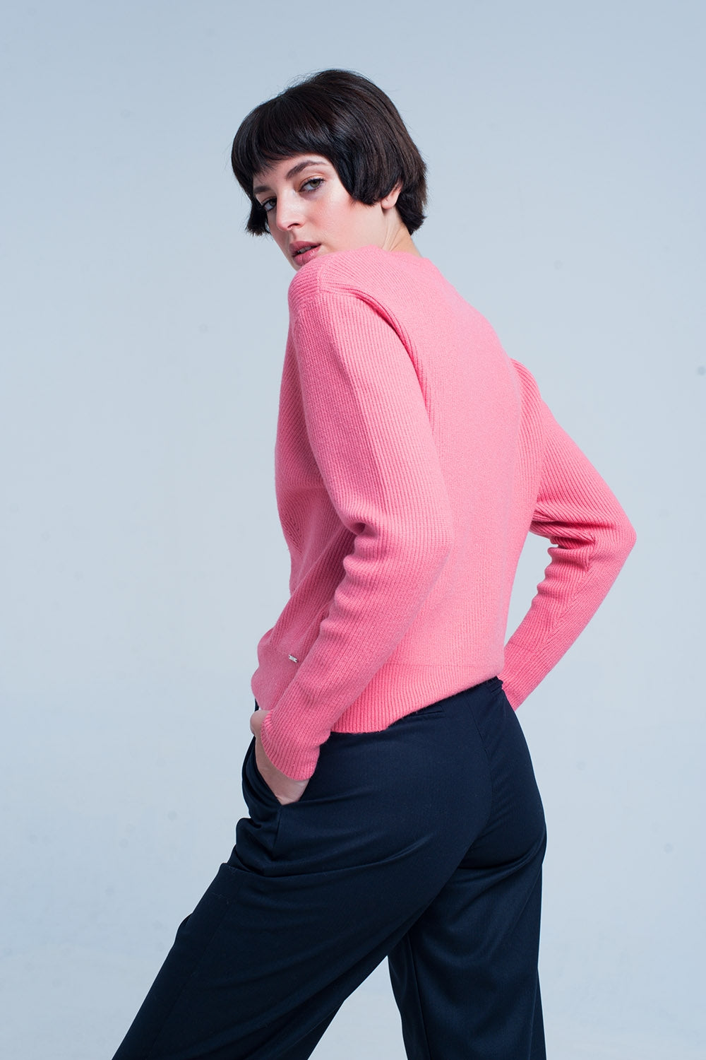Maglione rosa girocollo motivo a righe