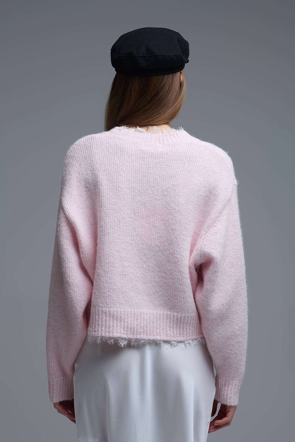 Maglione rosa rilassato con dettaglio in pizzo in rosa