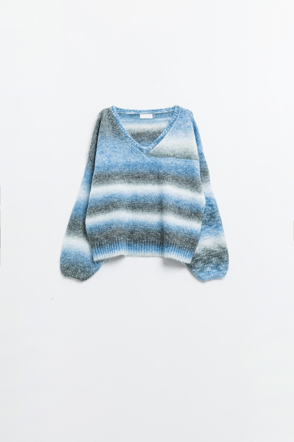 Maglione sciolto con scollo a V e righe blu e grigie