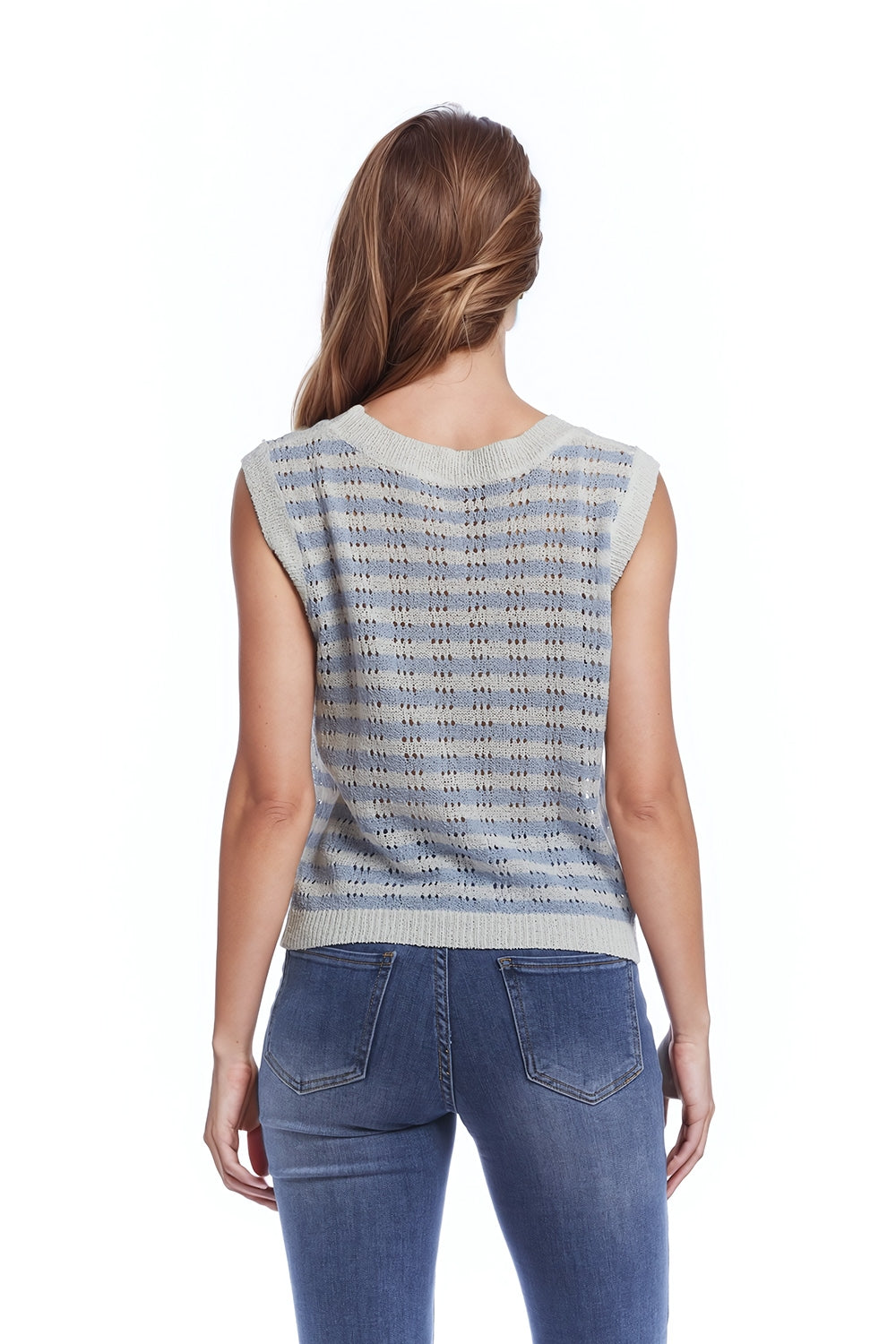 Maglione senza maniche a righe a maglia aperta in blu e bianco