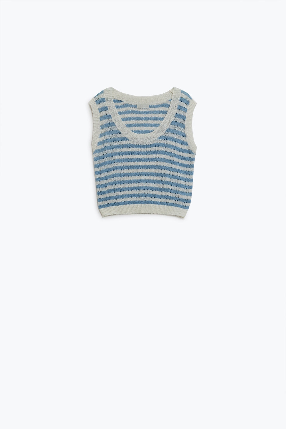 Maglione senza maniche a righe a maglia aperta in blu e bianco