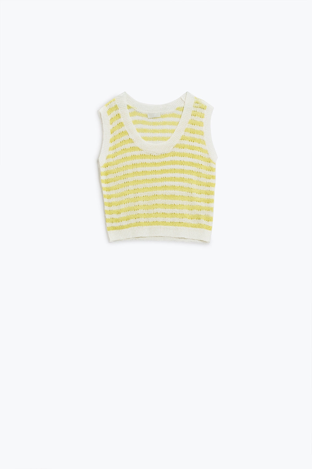 Maglione senza maniche a righe a maglia aperta in giallo e bianco