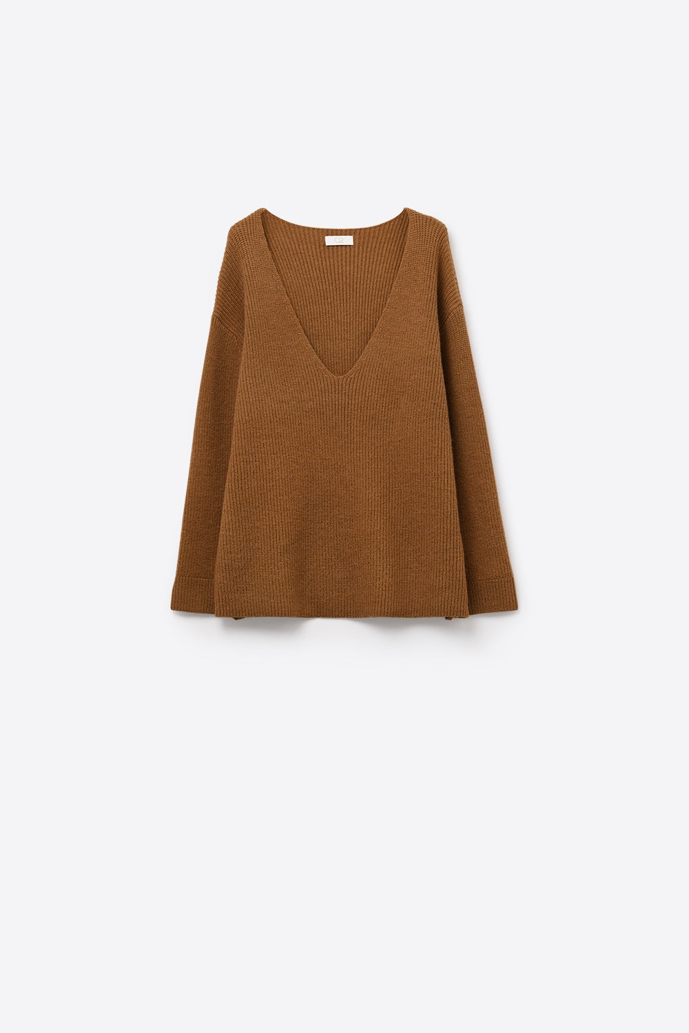 Maglione sottile super oversize con scollo a V in cammello