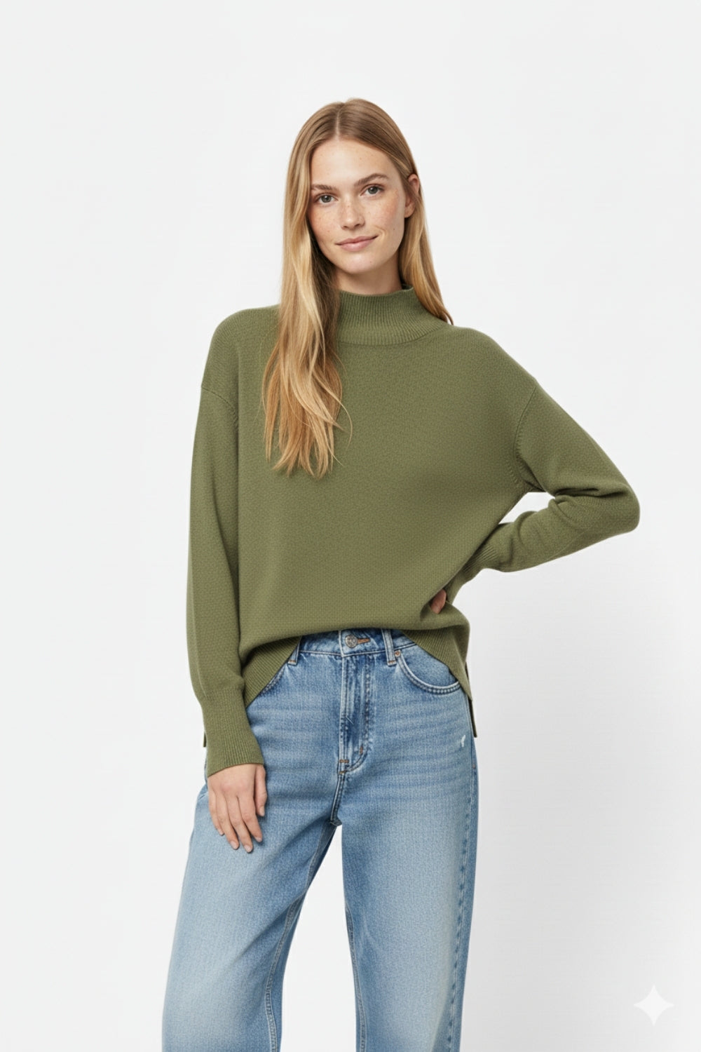 Maglione verde militare con dettaglio aperto sulla schiena