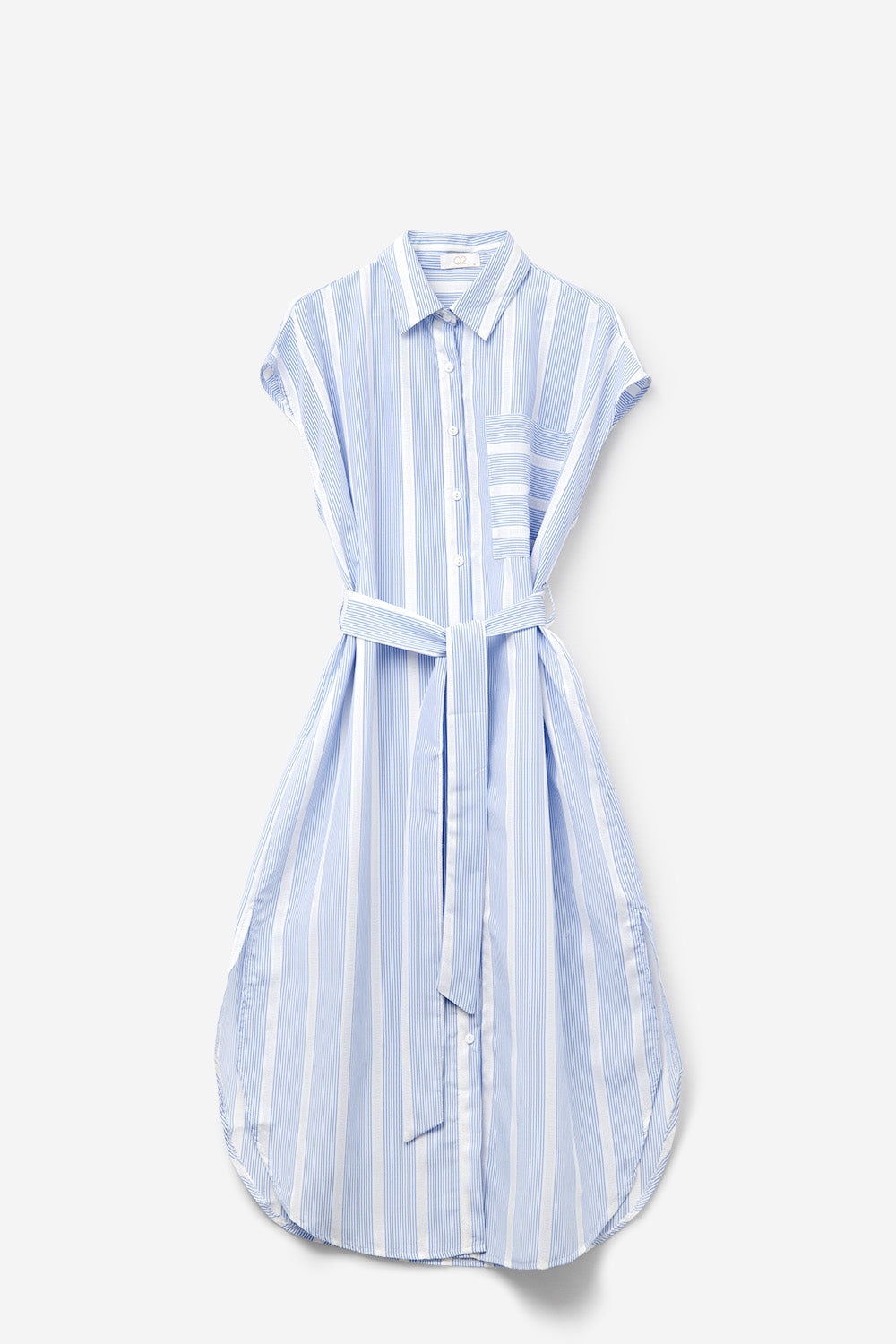 Maxi abito a camicia senza maniche a righe bianche e blu