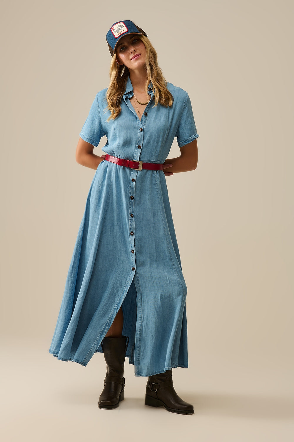 Maxi abito azzurro con bottoni in tessuto Tencel