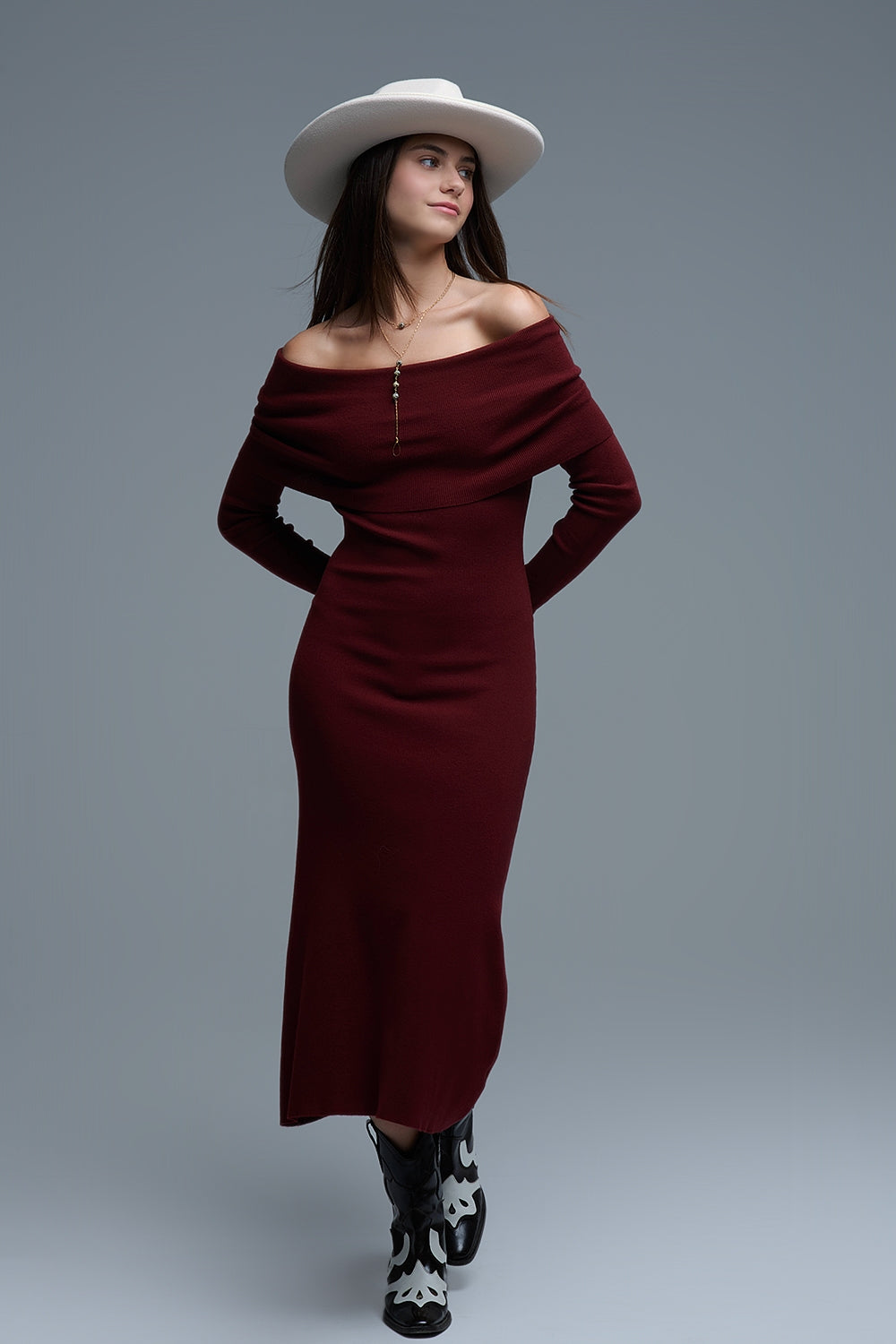 Maxi abito Bardot in maglia larga in bordeaux