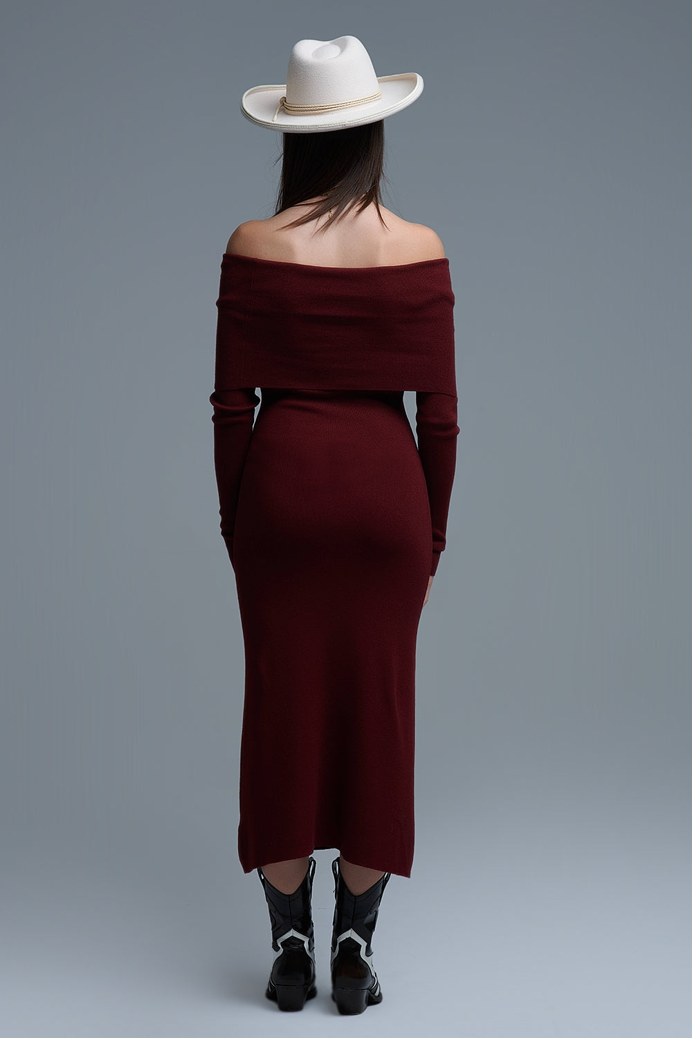Maxi abito Bardot in maglia larga in bordeaux