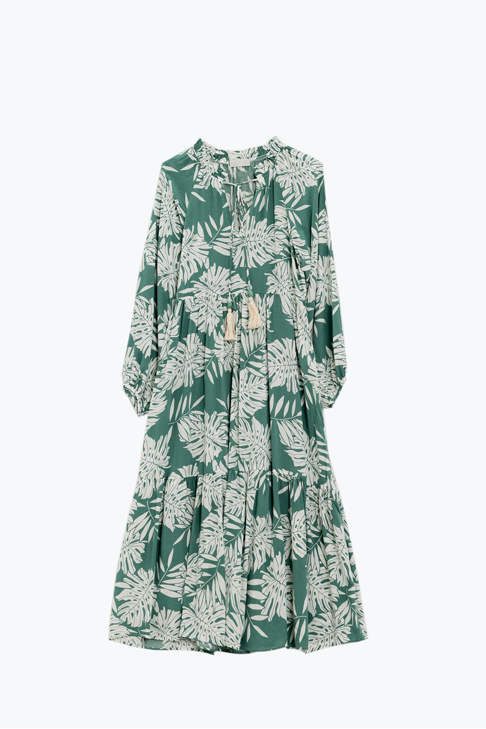 Maxi abito boho con maniche a palloncino e stampa a foglie in verde