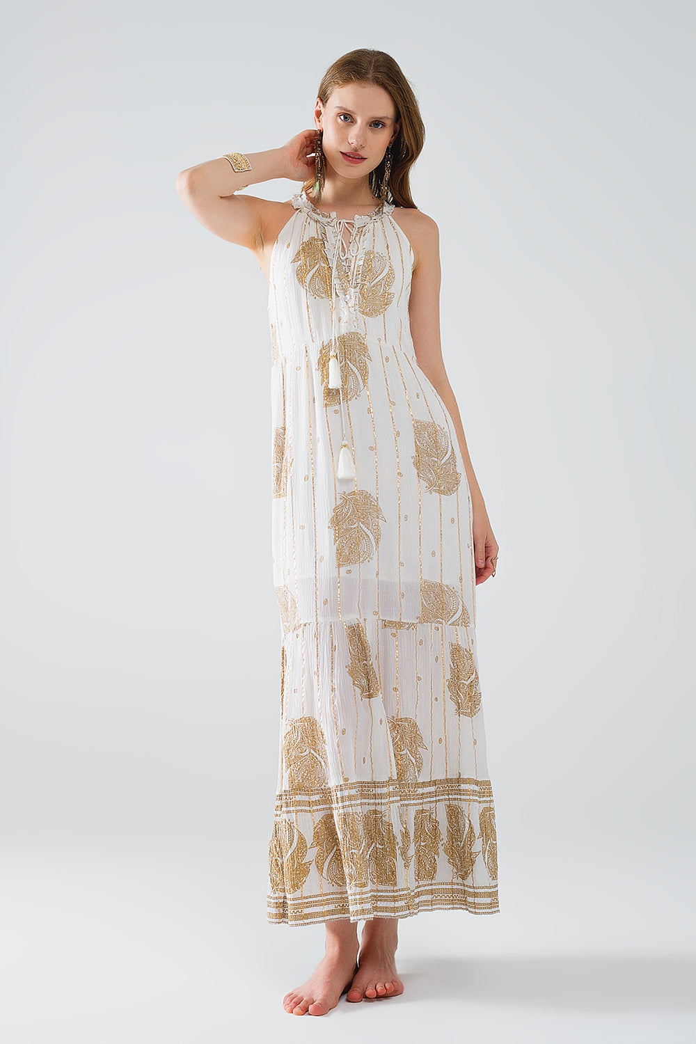 maxi abito boho in chiffon con stampa floreale oro