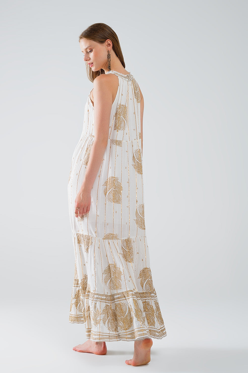maxi abito boho in chiffon con stampa floreale oro