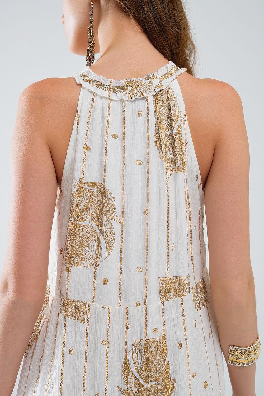 maxi abito boho in chiffon con stampa floreale oro