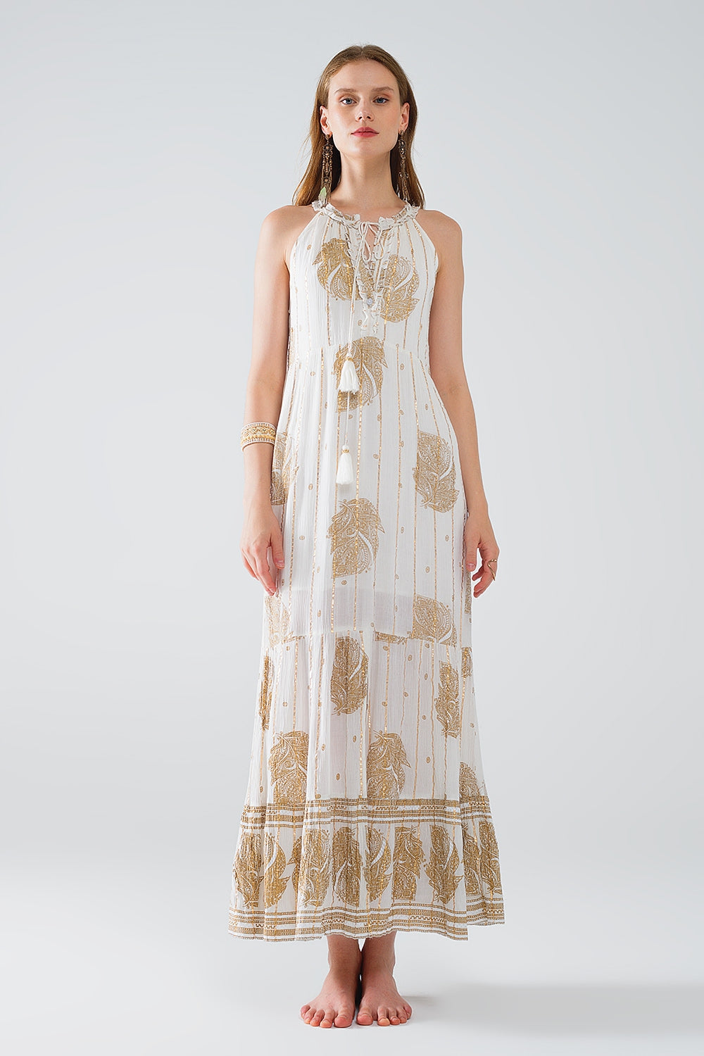 maxi abito boho in chiffon con stampa floreale oro