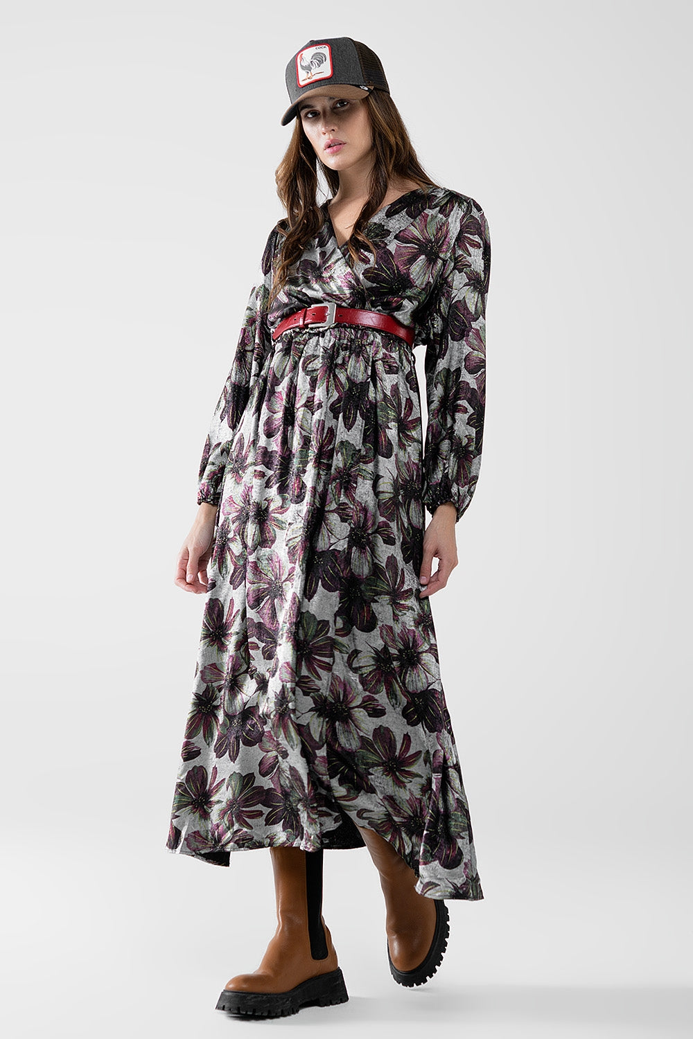 maxi abito con stampa floreale effetto metallizzato