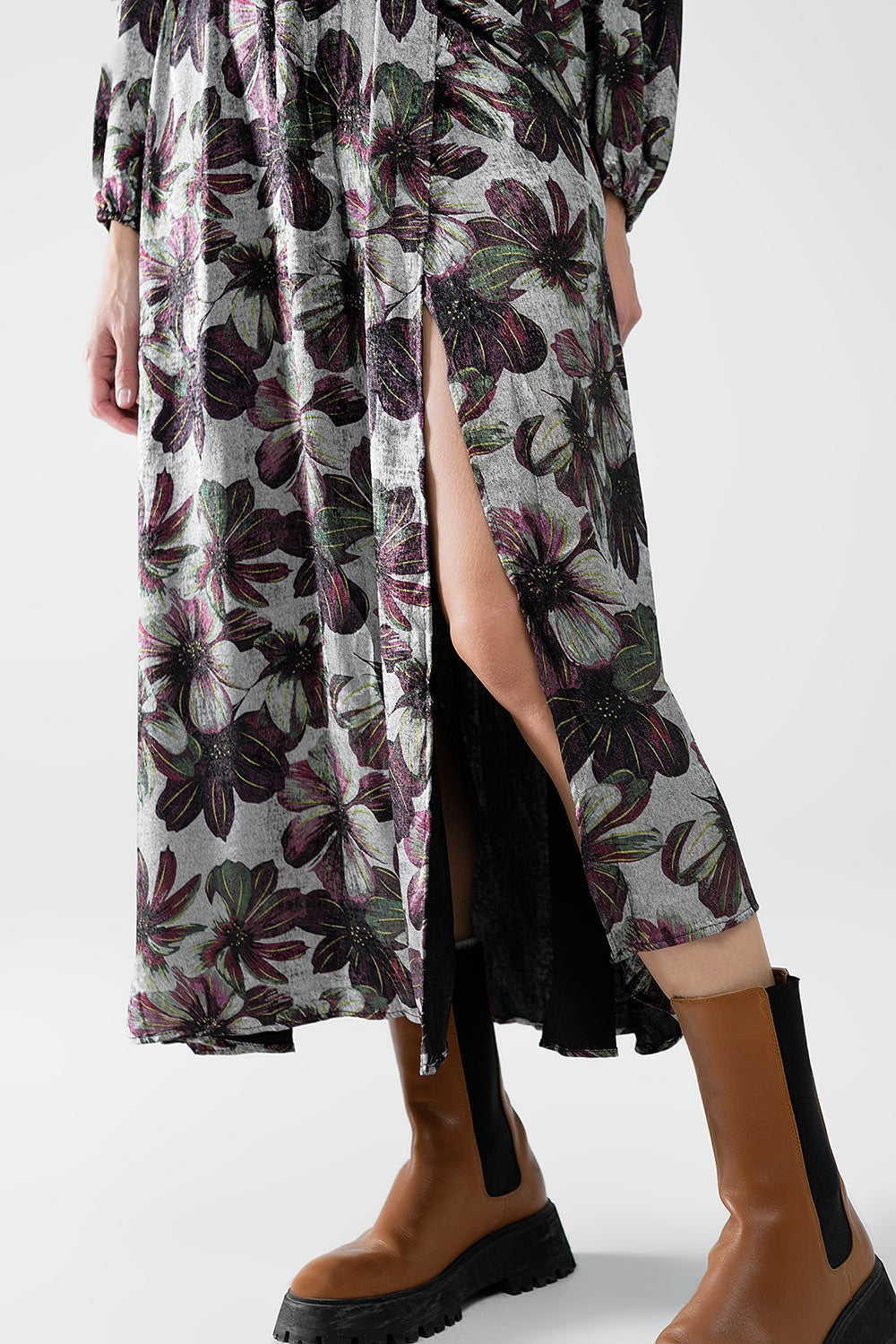 maxi abito con stampa floreale effetto metallizzato