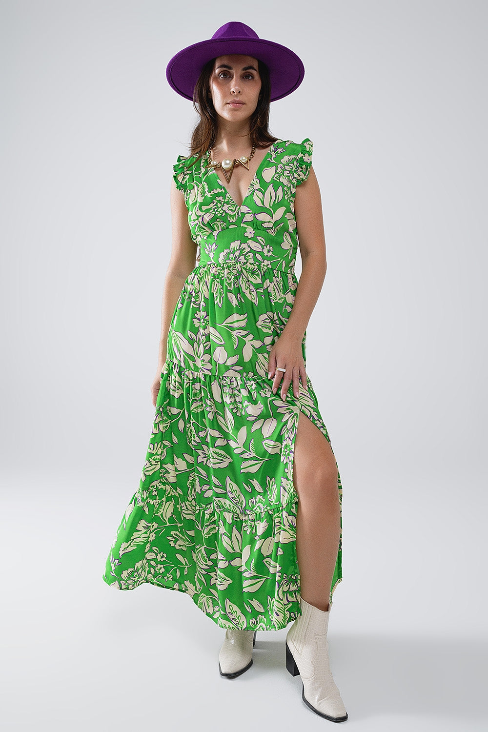 Q2 Maxi abito con stampa floreale in vita in verde