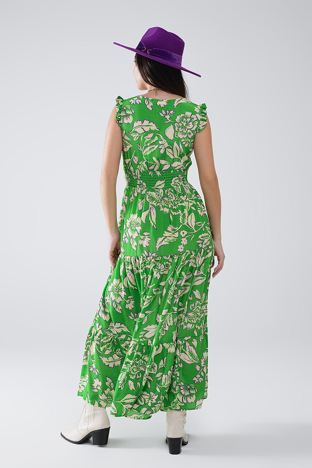 Maxi abito con stampa floreale in vita in verde