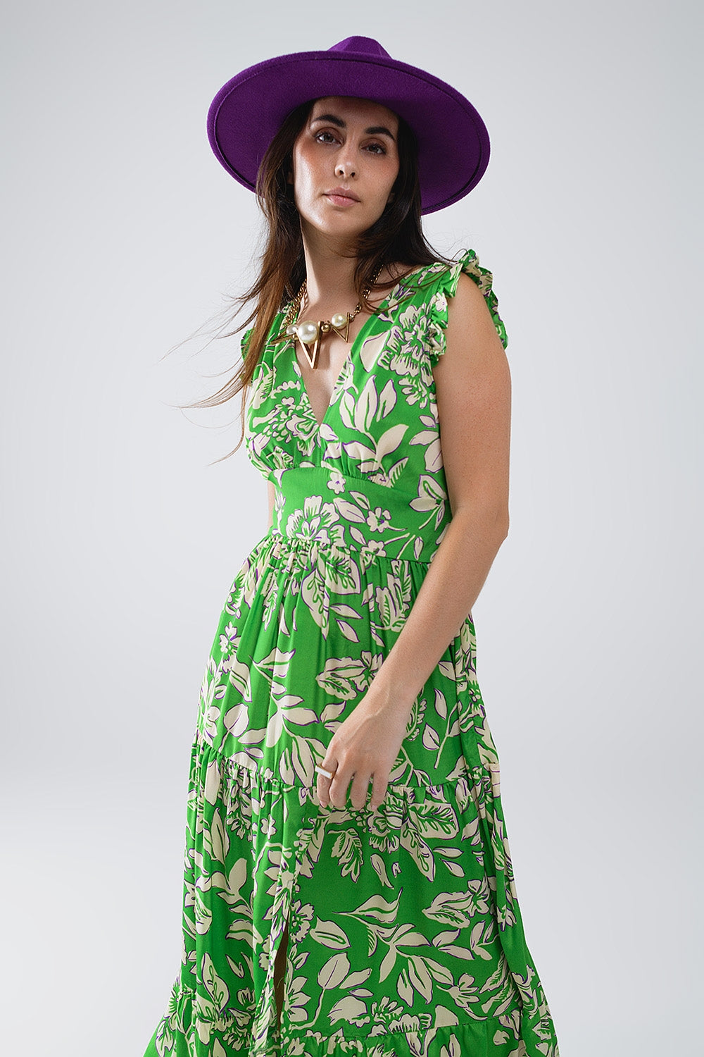 Maxi abito con stampa floreale in vita in verde
