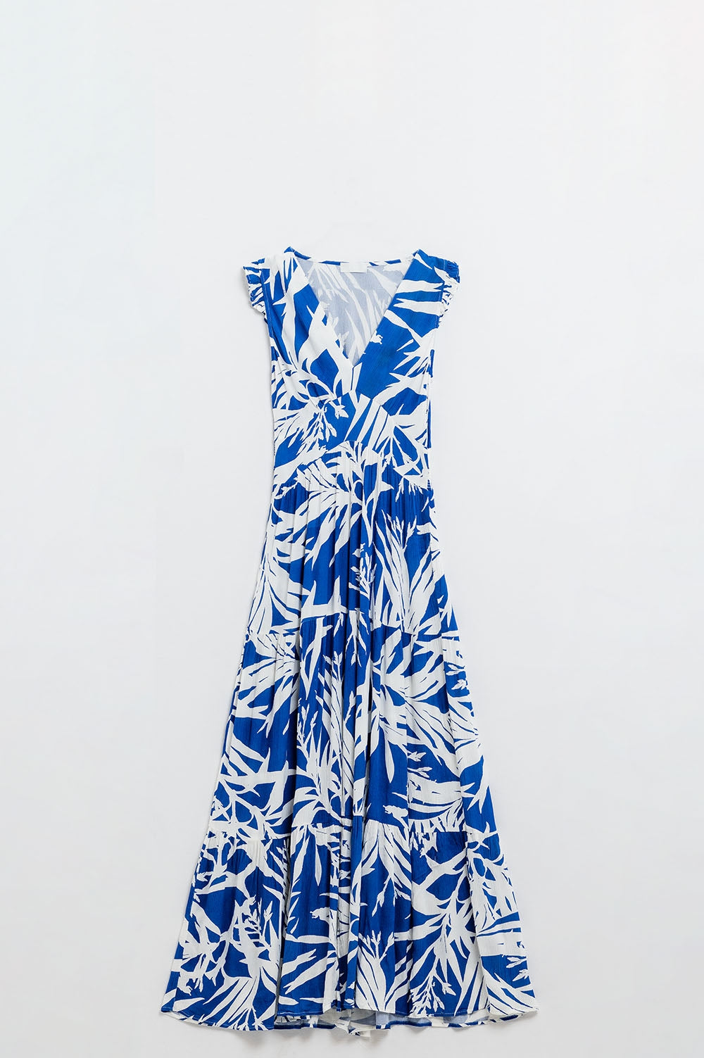 Maxi abito con stampa tropicale e scollo a V con spacco in blu