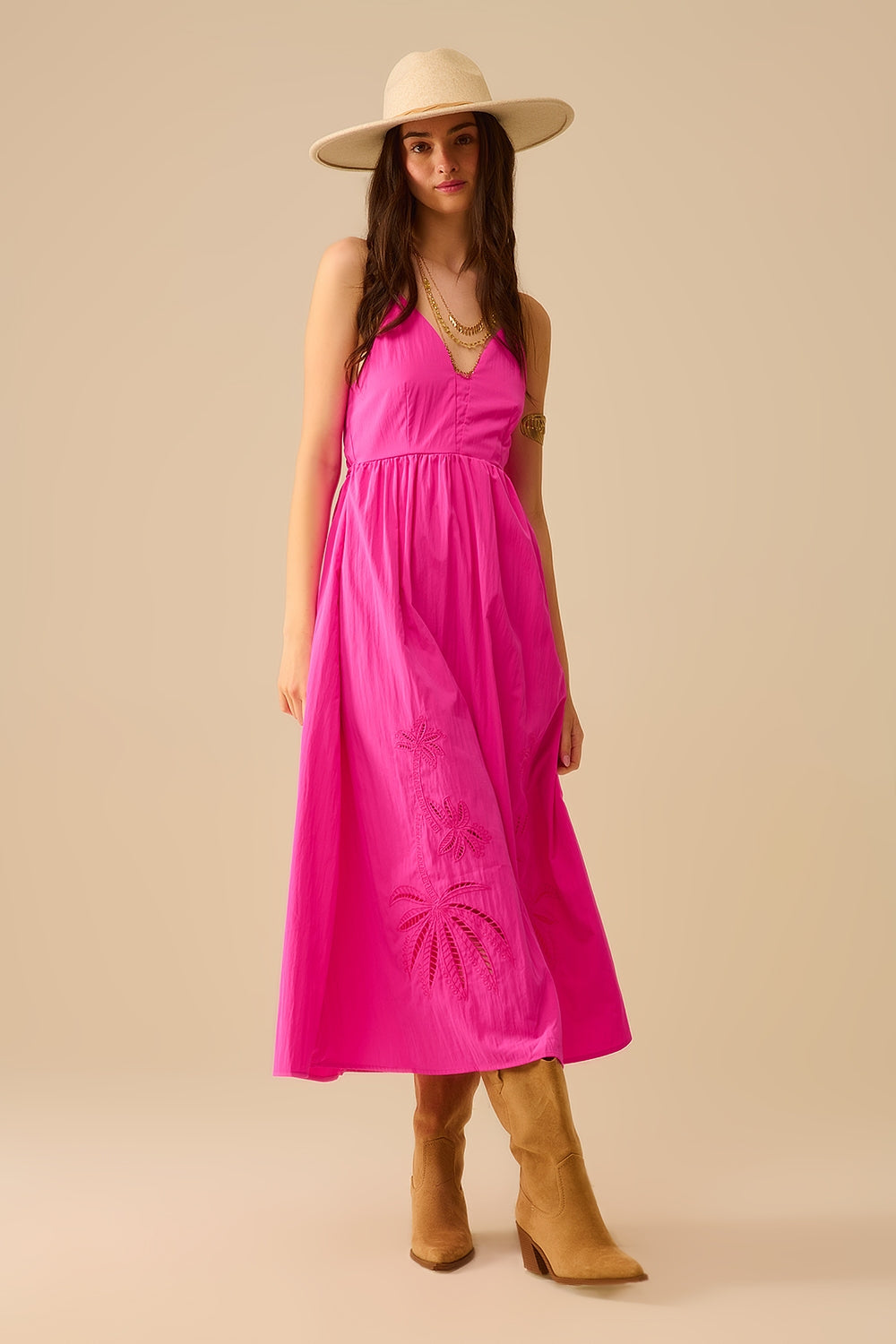 Maxi abito in fucsia con palme ricamate
