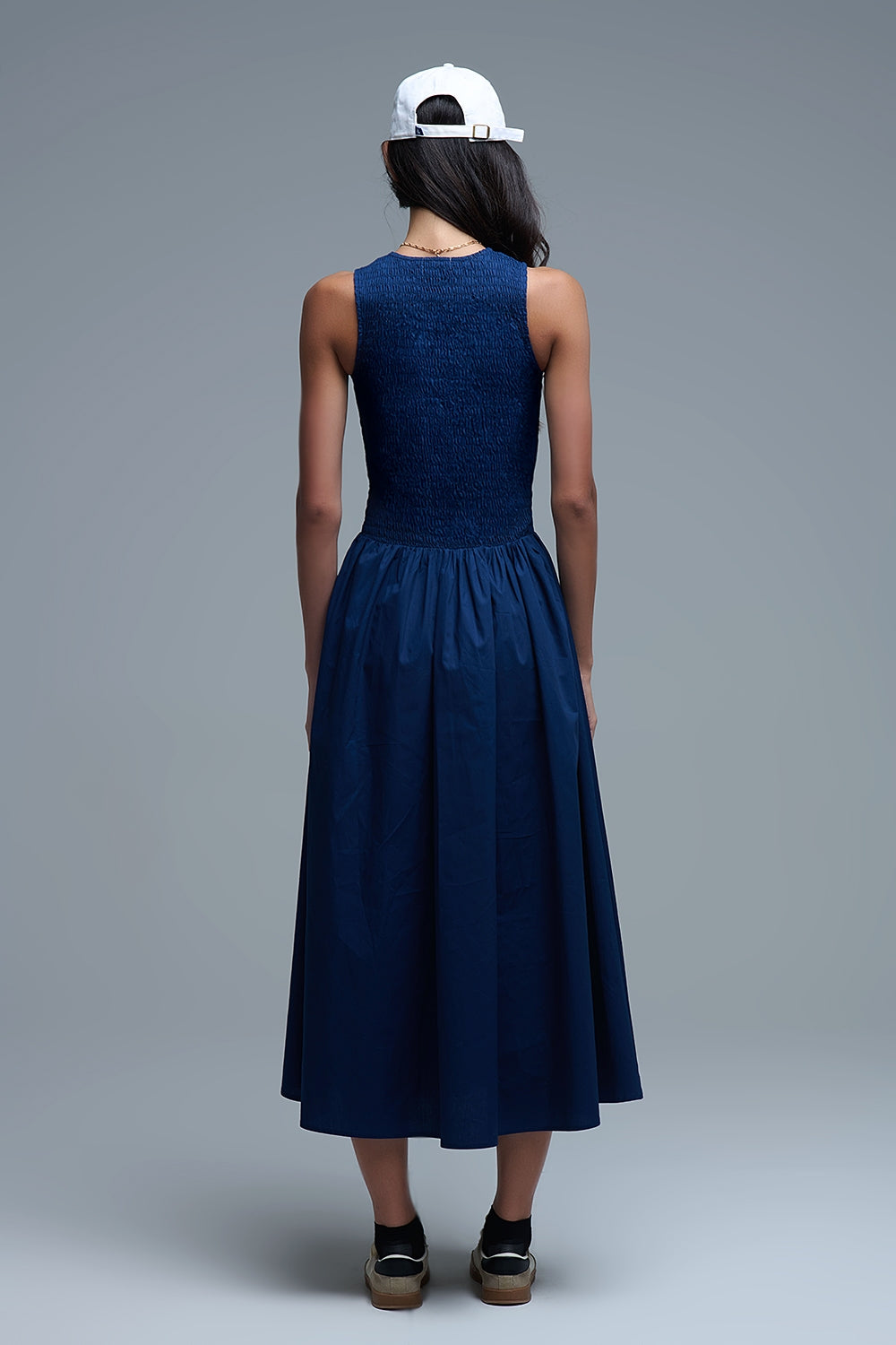 Maxi abito in popeline navy con dettaglio smocked