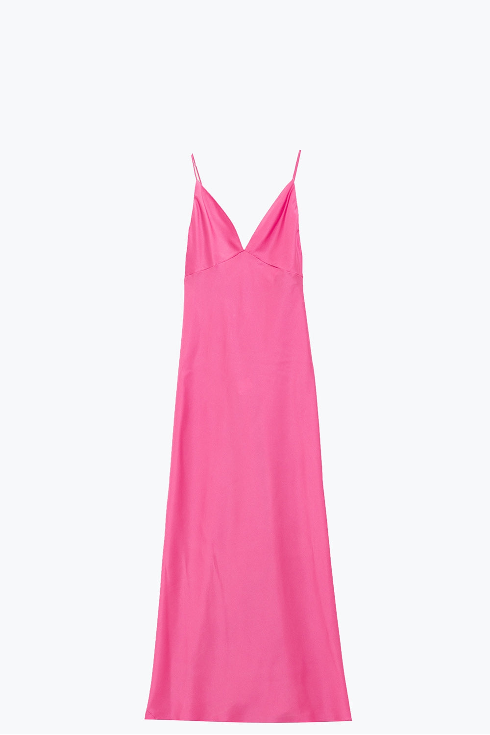 Maxi abito in raso con spalline in fucsia