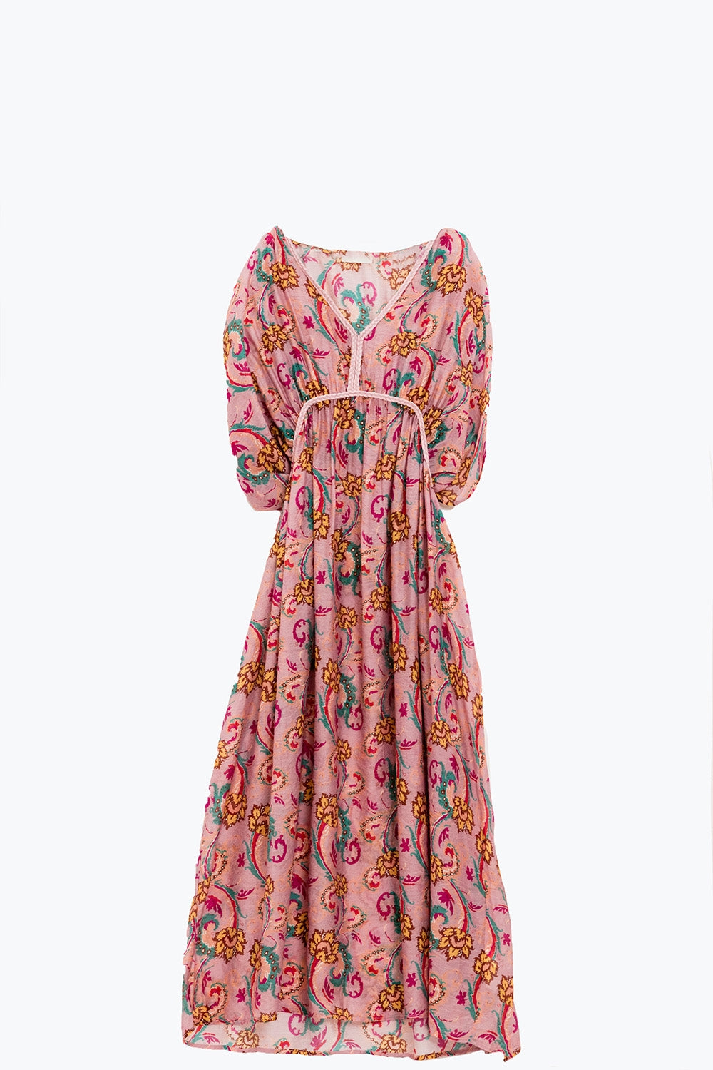 Maxi abito rosa con cuciture a treccia e stampa a fiori