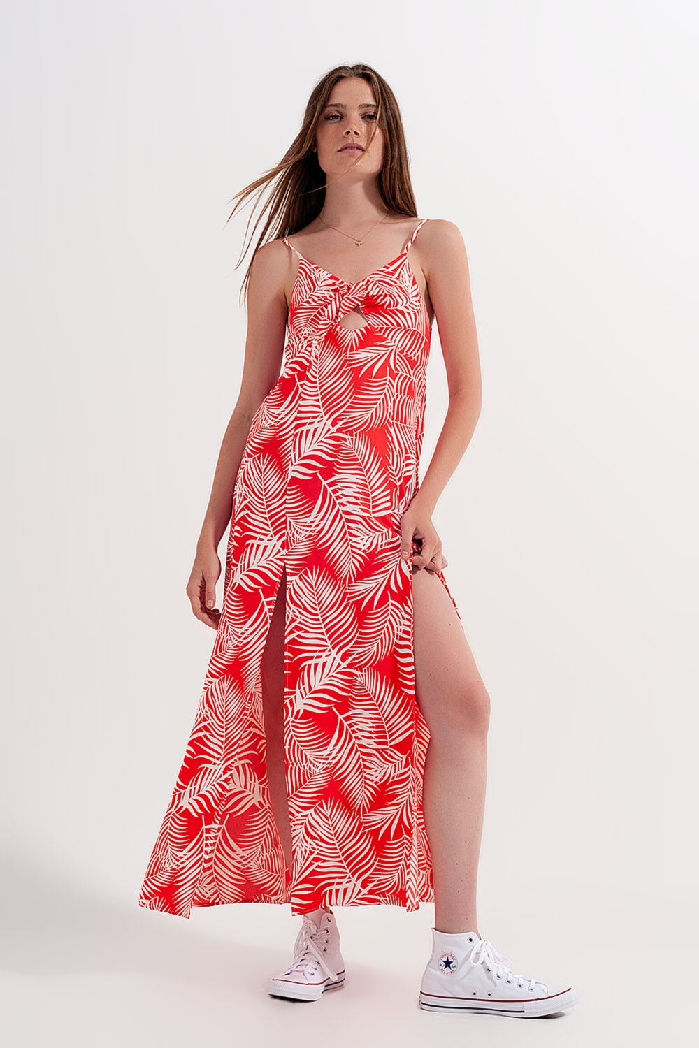 Maxi abito rosso con spacchi stampa a foglie