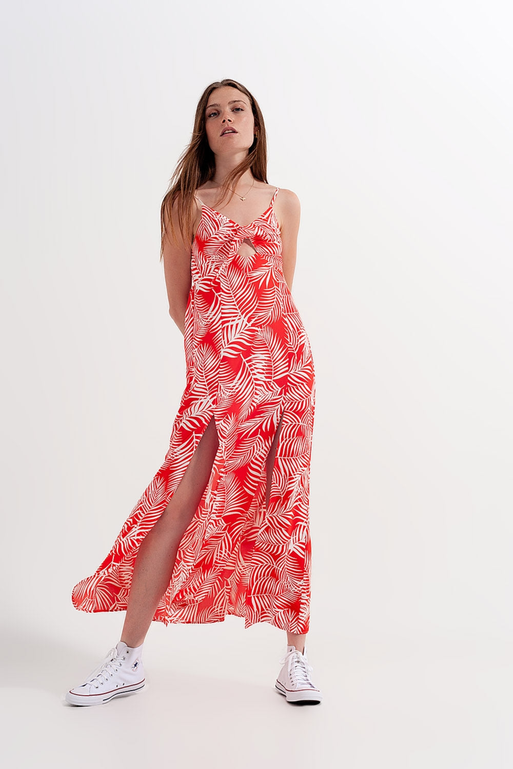 Maxi abito rosso con spacchi stampa a foglie