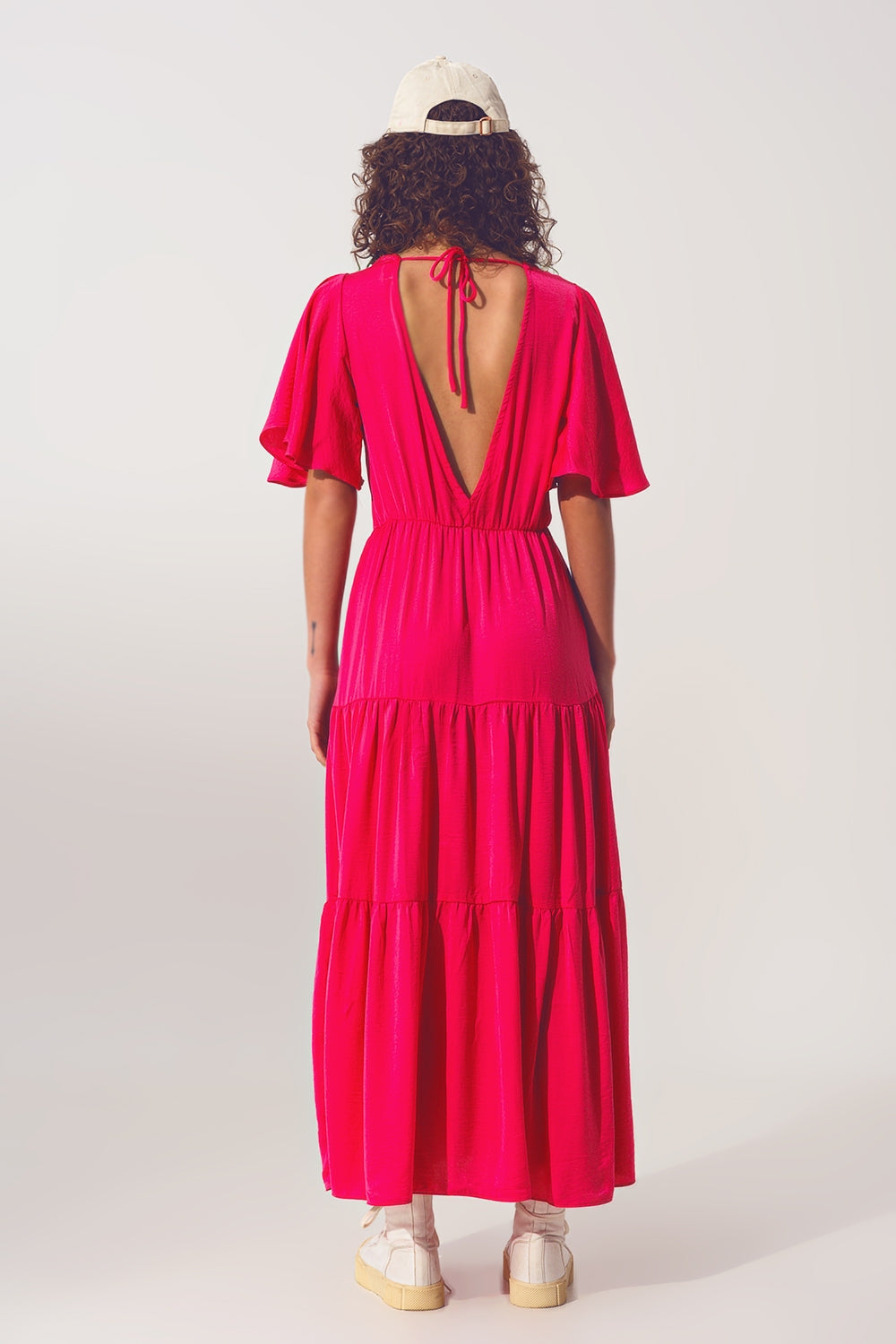 Maxi Abito Smock con Scollo a V in fucsia