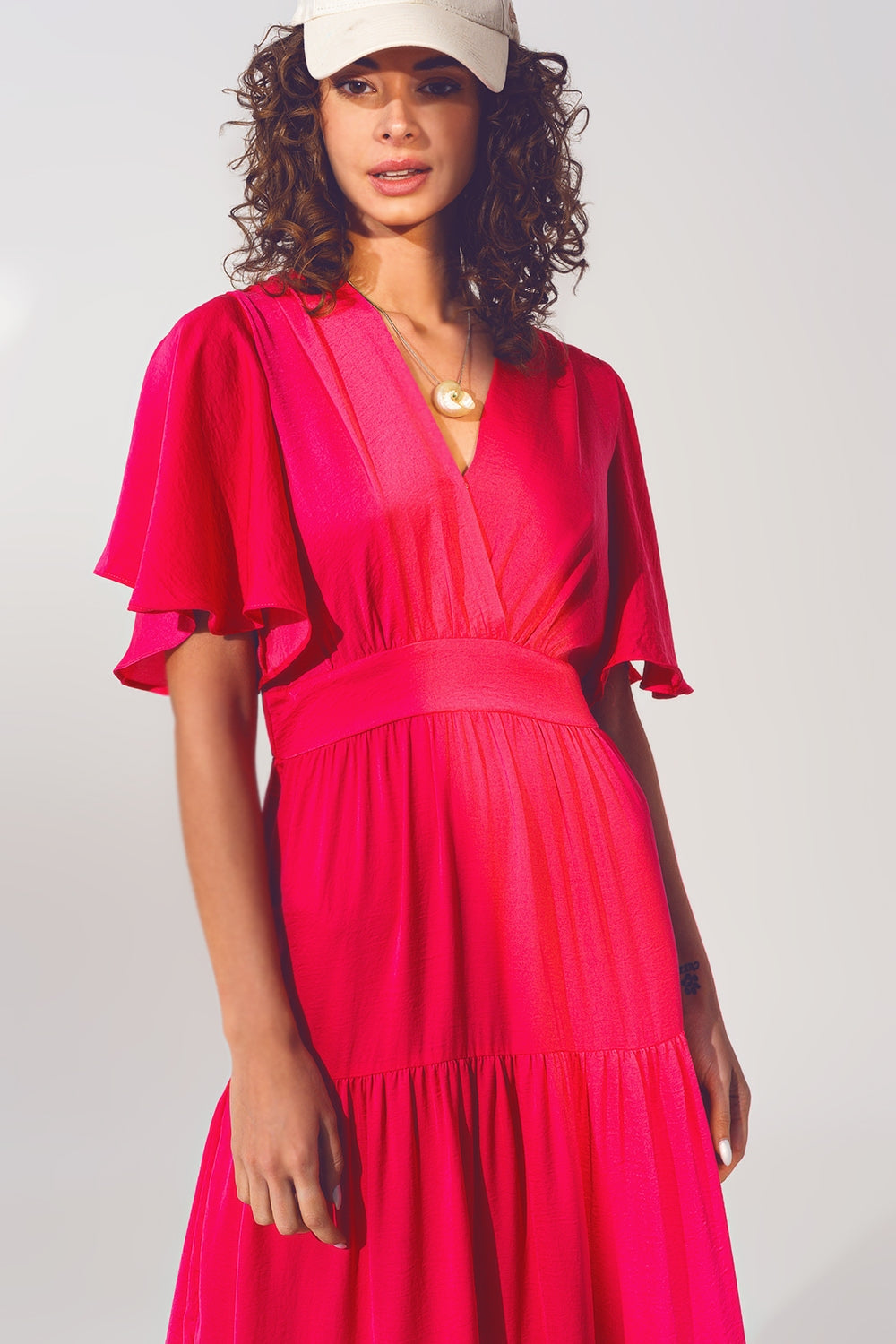 Maxi Abito Smock con Scollo a V in fucsia